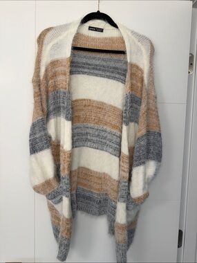SHEIN Striped Open Knit Cardigan in Cream, Gray & Tan